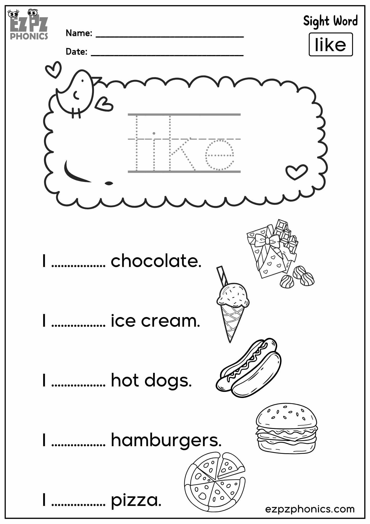 “Like” Sight Word Sentences – Fun Dolch Sight Words Practice for Kindergarten & First Grade - PDF Download